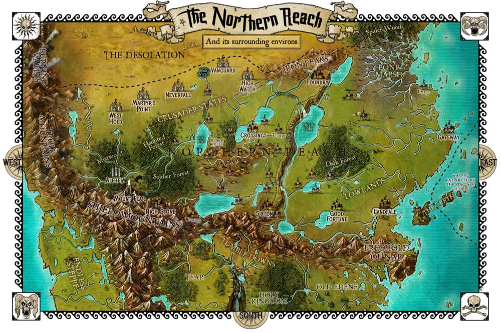 Northern Reach haritası, grubumuzun oyuna başladığı krallık Old Edene olarak haritanın sağ alt tarafında, prologue sonunda bulundukları Gateway ise sağ tarafta görülebilir.